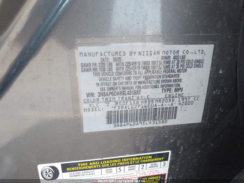 2025 Nissan Kicks VIN 3N8AP6DA9SL431582 IAAI salvage auction — FRONT END, Original (Texas), sold $7,500 on 2026-07-29 (photo 9)