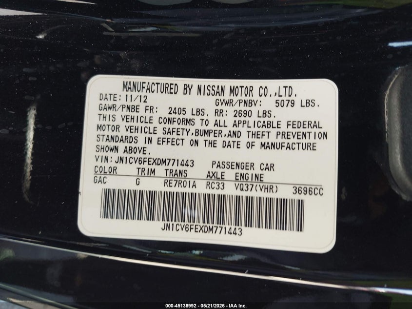 2013 Infiniti VIN JN1CV6FEXDM771443 IAAI salvage auction — REAR END, Salvage (California), sold $3,000 on 2026-07-23 (photo 9)