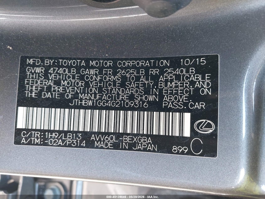 2016 Lexus ES VIN JTHBW1GG4G2109316 IAAI salvage auction — FRONT END, Bill Of Sale (Kentucky), sold $25 on 2026-07-28 (photo 9)