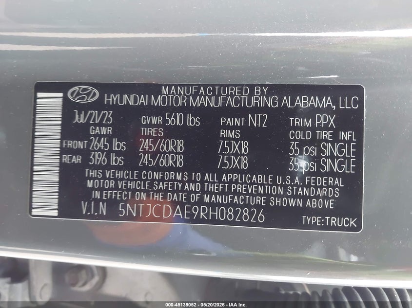 2024 Hyundai Santa cruz VIN 5NTJCDAE9RH082826 IAAI salvage auction — HAIL, Original (Texas), sold $14,800 on 2026-07-07 (photo 9)