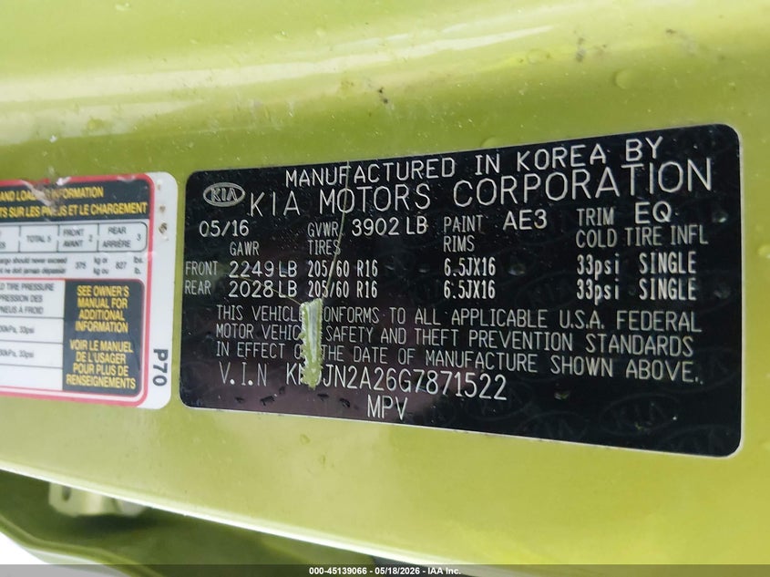 2016 Kia Soul VIN KNDJN2A26G7871522 IAAI salvage auction — HAIL, Salvage (Missouri), sold $500 on 2026-07-14 (photo 9)