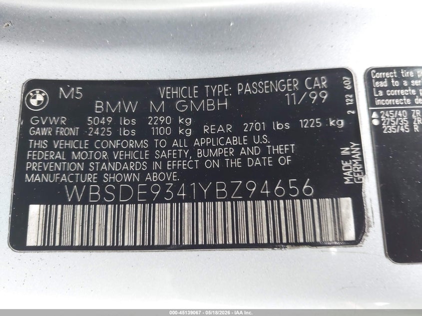 2000 BMW M5 VIN WBSDE9341YBZ94656 IAAI salvage auction — NORMAL WEAR, Clear - Dealer Only (California), sold $18,000 on 2026-07-06 (photo 9)