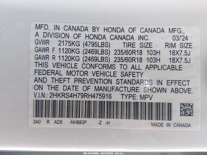 2024 Honda Cr-v VIN 2HKRS4H79RH475916 IAAI salvage auction — LEFT FRONT, Salvage (Missouri), sold $10,800 on 2026-07-29 (photo 9)