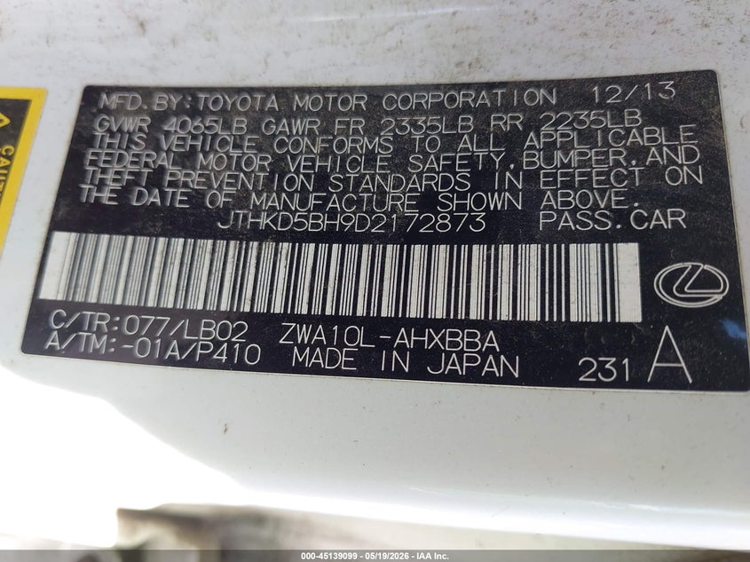 2013 Lexus Ct VIN JTHKD5BH9D2172873 IAAI salvage auction — FRONT END, Salvage (California), sold $2,400 on 2026-07-12 (photo 9)