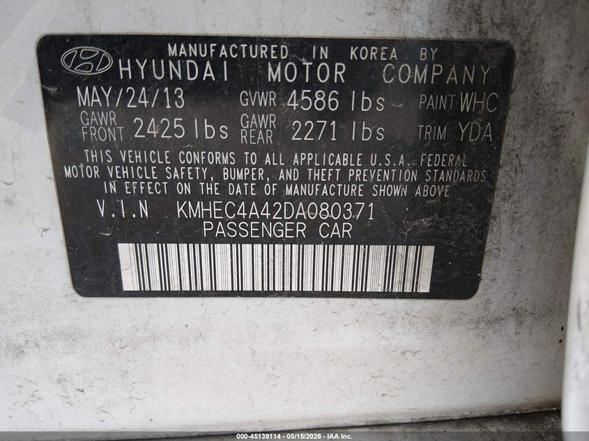 2013 Hyundai Sonata VIN KMHEC4A42DA080371 IAAI salvage auction — HAIL, Clear (Missouri), sold $25 on 2026-07-30 (photo 9)
