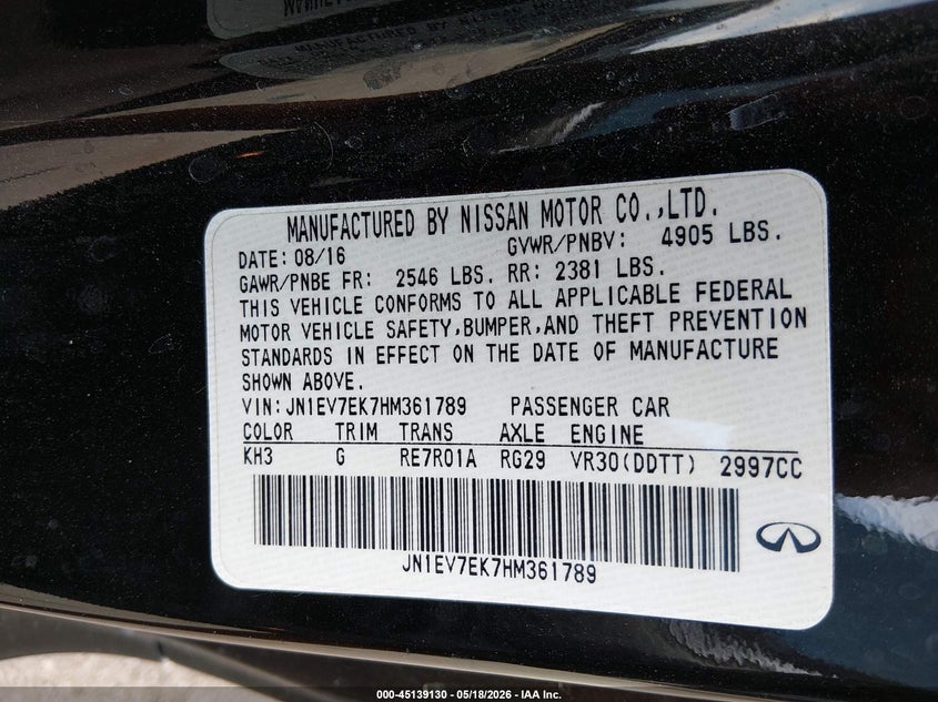 2017 Infiniti Q60 VIN JN1EV7EK7HM361789 IAAI salvage auction — FRONT END, Salvage (Texas), sold $5,400 on 2026-07-07 (photo 9)