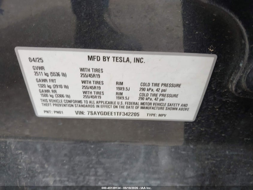 2026 Tesla Model y VIN 7SAYGDEE1TF342205 IAAI salvage auction — REAR END, Original (Texas), sold $20,800 on 2026-07-16 (photo 9)