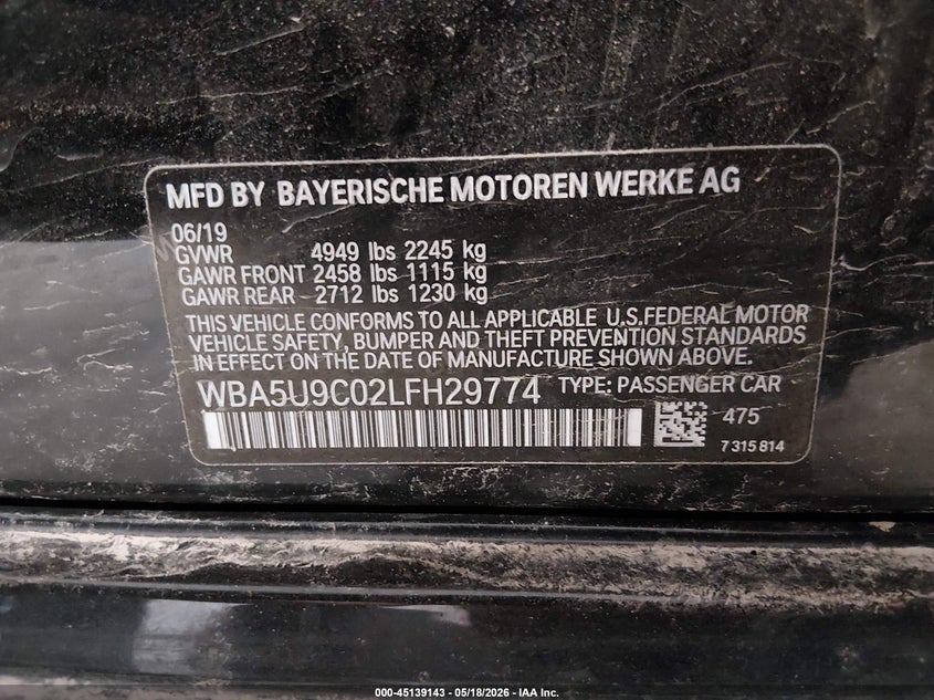 2020 BMW 3er VIN WBA5U9C02LFH29774 IAAI salvage auction — FRONT END, Wait Title, sold $14,500 on 2026-08-29 (photo 9)