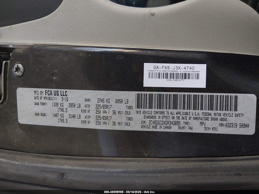 2016 Dodge Caravan VIN 2C4RDGCGXGR343895 IAAI salvage auction — NORMAL WEAR, Sf97 (New Mexico), sold $11,275 on 2026-07-08 (photo 9)