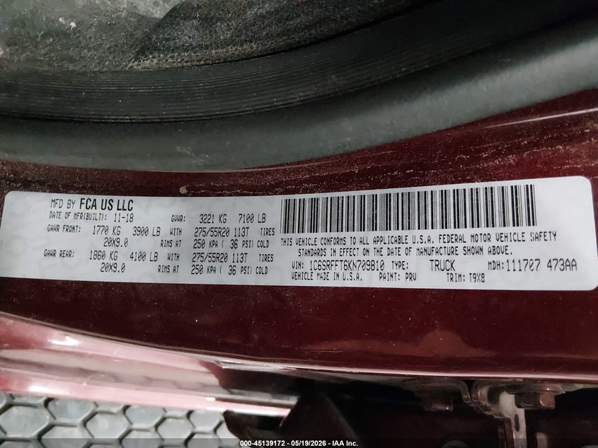 2019 Ram 1500 VIN 1C6SRFFT6KN709810 IAAI salvage auction — FRONT END, Salvage (Minnesota), sold $5,050 on 2026-08-25 (photo 9)