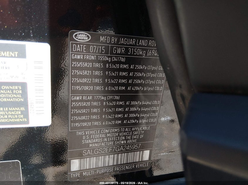 2016 Land rover RANGE ROVER VIN SALGS2EF7GA245957 IAAI salvage auction — FRONT END, Salvage (Mississippi), sold $6,200 on 2026-07-12 (photo 9)