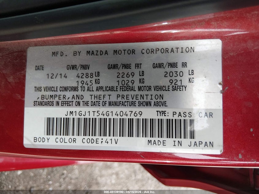 2016 Mazda 6 VIN JM1GJ1T54G1404769 IAAI salvage auction — LEFT FRONT, Salvage (Kansas), sold $1,700 on 2026-07-10 (photo 9)