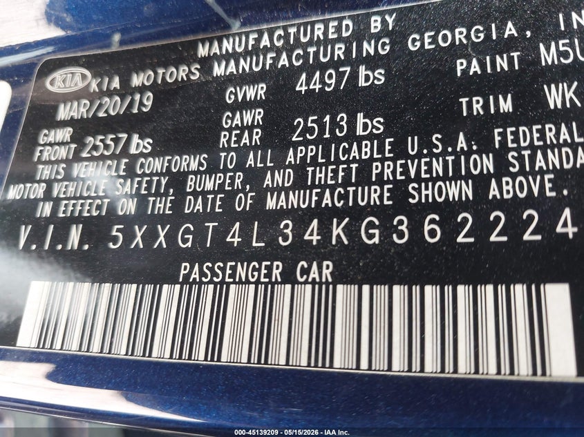 2019 Kia Optima VIN 5XXGT4L34KG362224 IAAI salvage auction — FRONT END, Salvage (South Carolina), sold $1,150 on 2026-07-06 (photo 9)