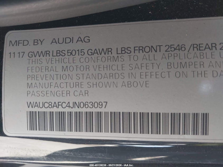 2018 Audi A6 VIN WAUC8AFC4JN063097 IAAI salvage auction — FRONT END, Salvage (California), sold $4,900 on 2026-07-29 (photo 9)