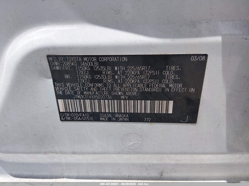2008 Toyota Rav 4 VIN JTMZK31VX85020736 IAAI salvage auction — REAR END, Salvage (Louisiana), sold $1,275 on 2026-07-21 (photo 9)