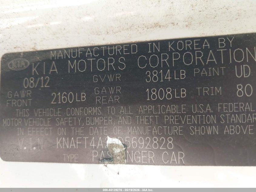2013 Kia Forte VIN KNAFT4A26D5692828 IAAI salvage auction — FRONT & REAR, Salvage (Texas), sold $325 on 2026-07-13 (photo 9)