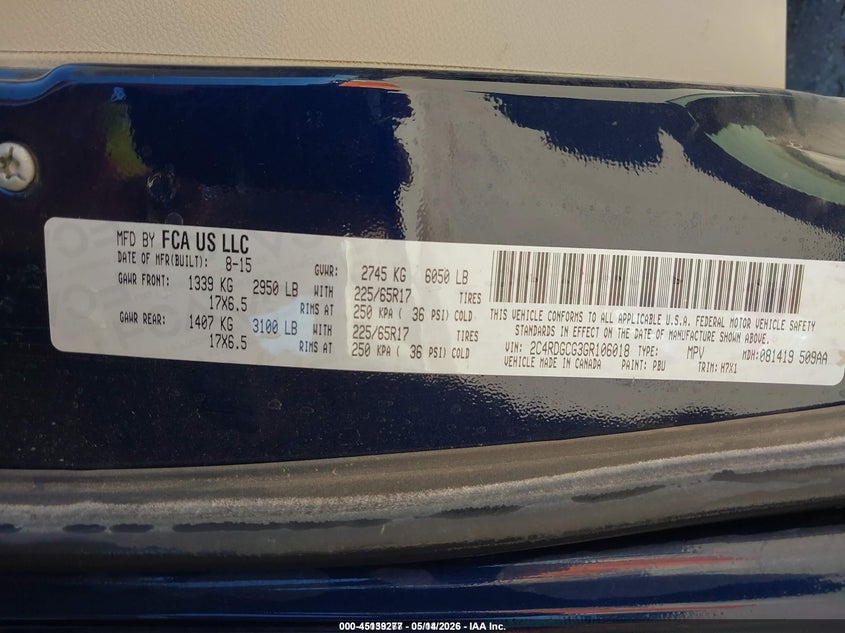 2016 Dodge Caravan VIN 2C4RDGCG3GR106018 IAAI salvage auction — NORMAL WEAR, Sf97 (New Mexico), sold $10,675 on 2026-07-08 (photo 9)