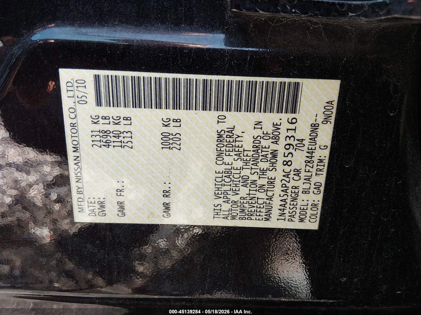 2010 Nissan Maxima VIN 1N4AA5AP2AC859316 IAAI salvage auction — FRONT END, Salvage (Arkansas), sold $850 on 2026-07-09 (photo 9)