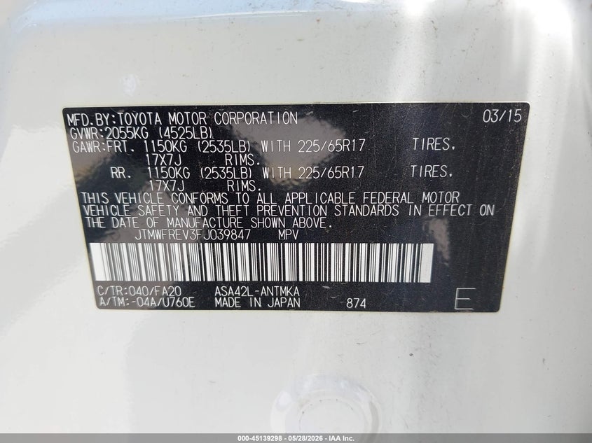 2015 Toyota Rav 4 VIN JTMWFREV3FJ039847 IAAI salvage auction — LEFT FRONT, Salvage Title, sold $4,800 on 2026-07-31 (photo 9)