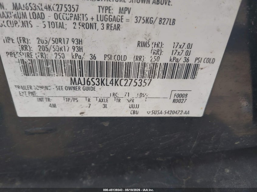2019 Ford Ecosport VIN MAJ6S3KL4KC275357 IAAI salvage auction — FRONT END, Salvage (Massachusetts), sold $1,150 on 2026-07-24 (photo 9)