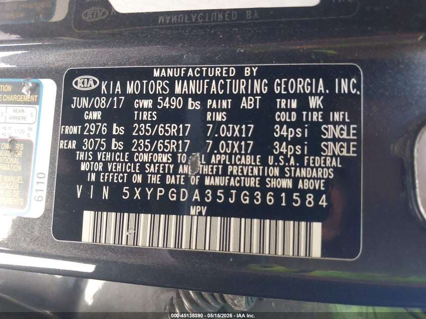 2018 Kia Sorento VIN 5XYPGDA35JG361584 IAAI salvage auction — THEFT, Salvage (Illinois), sold $2,200 on 2026-07-14 (photo 9)