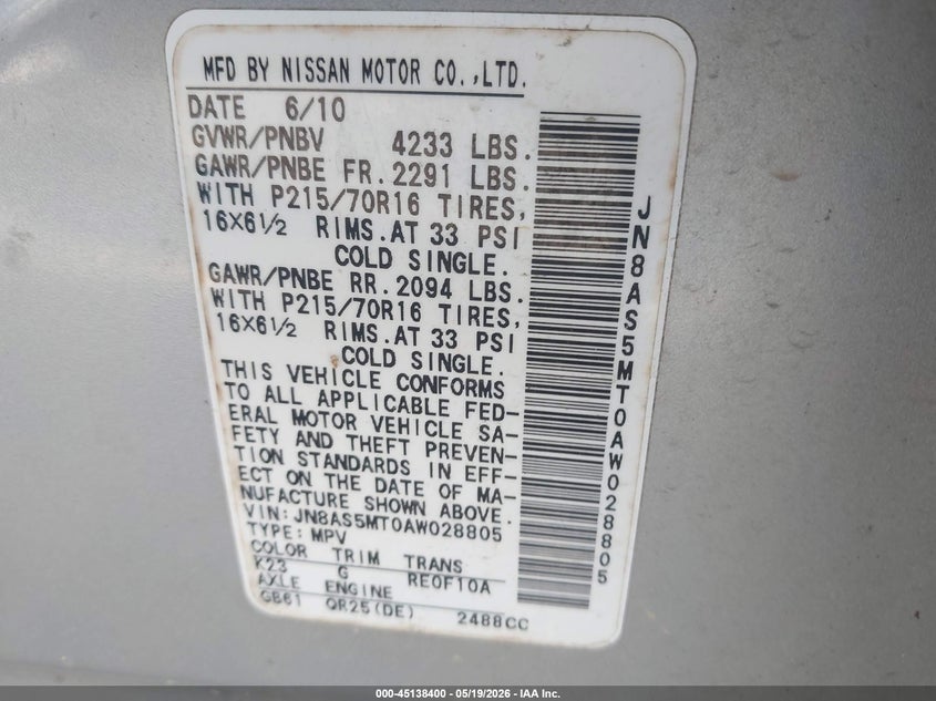 2010 Nissan Rogue sport VIN JN8AS5MT0AW028805 IAAI salvage auction — FRONT END, Salvage (North Carolina), sold $400 on 2026-07-15 (photo 9)