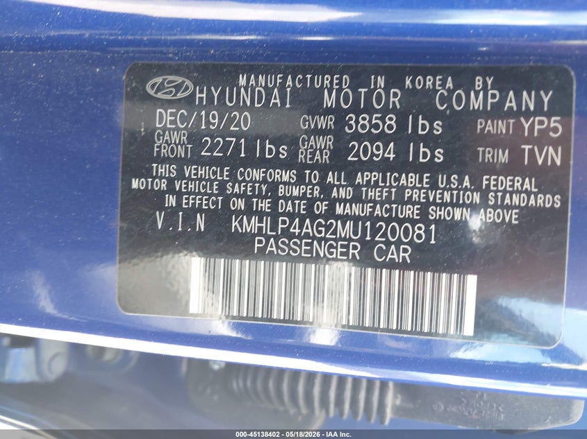 2021 Hyundai Elantra VIN KMHLP4AG2MU120081 IAAI salvage auction — FRONT END, Salvage (South Carolina), sold $3,800 on 2026-07-22 (photo 9)