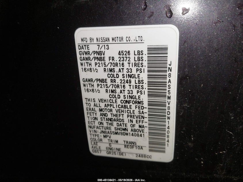 2013 Nissan Rogue VIN JN8AS5MV8DW140841 IAAI salvage auction — RIGHT SIDE, Salvage (Maine), sold $25 on 2026-07-27 (photo 9)