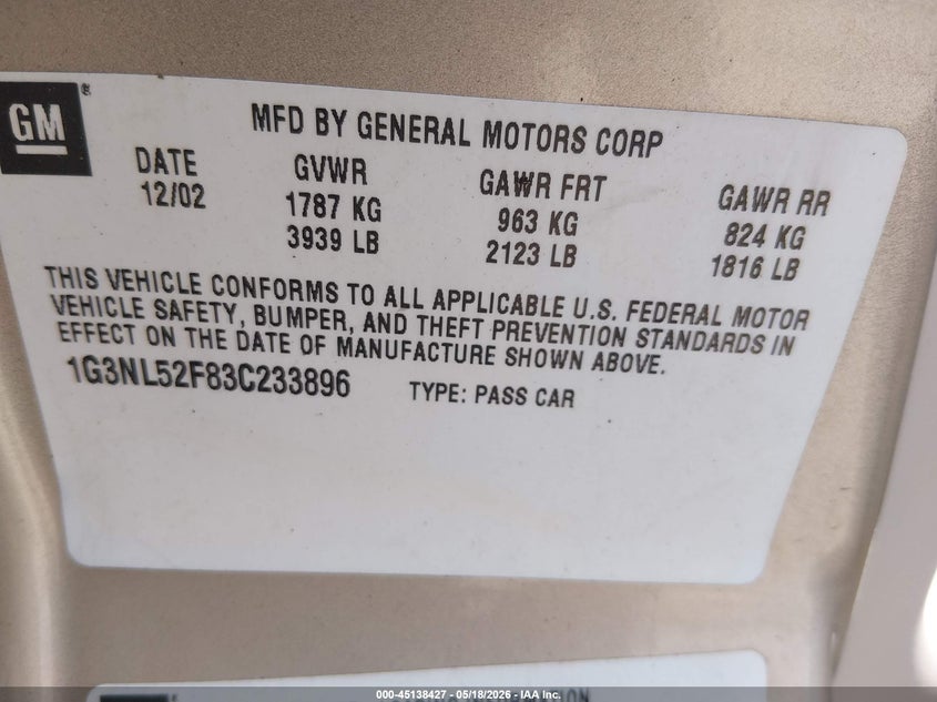 2003 Oldsmobile Alero VIN 1G3NL52F83C233896 IAAI salvage auction — LEFT SIDE, Salvage (West Virginia), sold $375 on 2026-07-23 (photo 9)