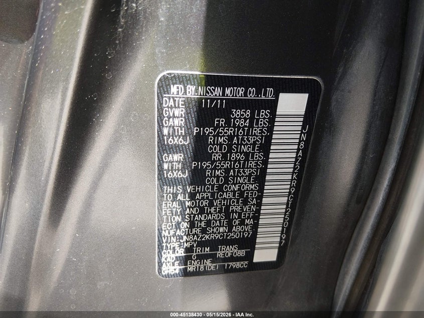 2012 Nissan Cube VIN JN8AZ2KR9CT250197 IAAI salvage auction — RIGHT SIDE, Salvage (Missouri), sold $425 on 2026-07-14 (photo 9)