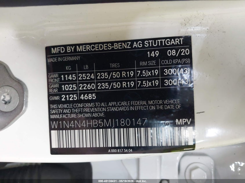 2021 Mercedes-benz Gla-klasse VIN W1N4N4HB5MJ180147 IAAI salvage auction — FRONT END, Salvage Title, sold $4,250 on 2026-07-09 (photo 9)