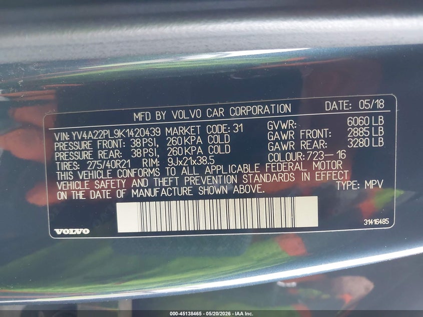 2019 Volvo Xc90 VIN YV4A22PL9K1420439 IAAI salvage auction — RIGHT FRONT, Salvage Title, sold $11,800 on 2026-08-27 (photo 9)
