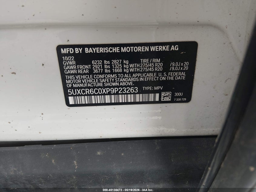 2023 BMW X5 VIN 5UXCR6C0XP9P23263 IAAI salvage auction — ROLLOVER, Salvage (Louisiana), sold $5,500 on 2026-07-25 (photo 9)