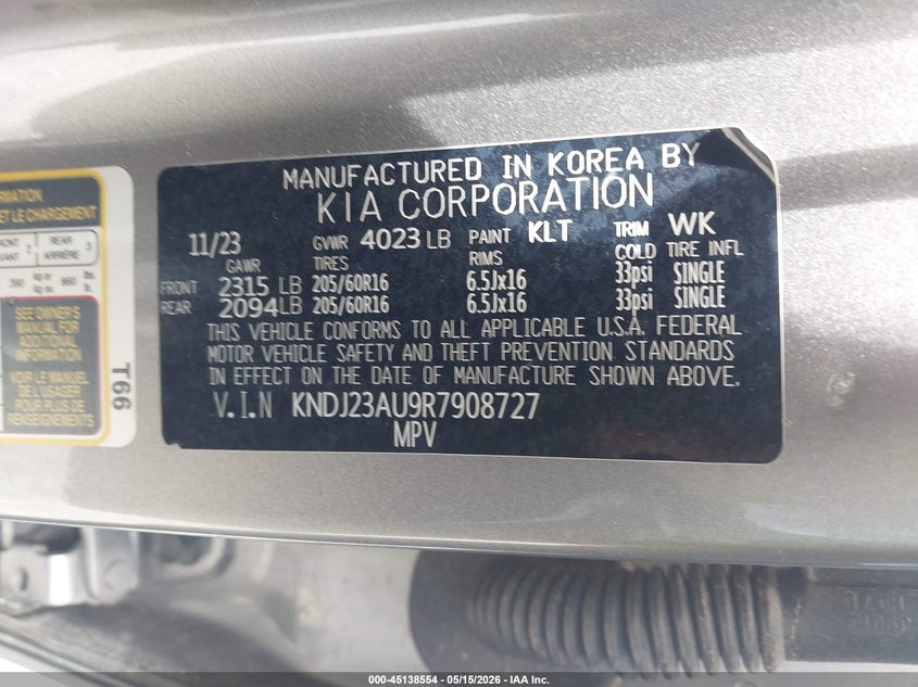 2024 Kia Soul VIN KNDJ23AU9R7908727 IAAI salvage auction — LEFT FRONT, Salvage Title, sold $2,900 on 2026-09-16 (photo 9)