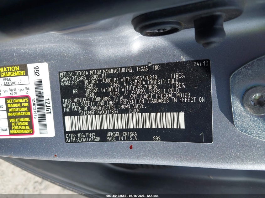 2010 Toyota Tundra VIN 5TFUM5F14AX011854 IAAI salvage auction — FRONT END, Salvage (Massachusetts), sold $3,050 on 2026-07-29 (photo 9)