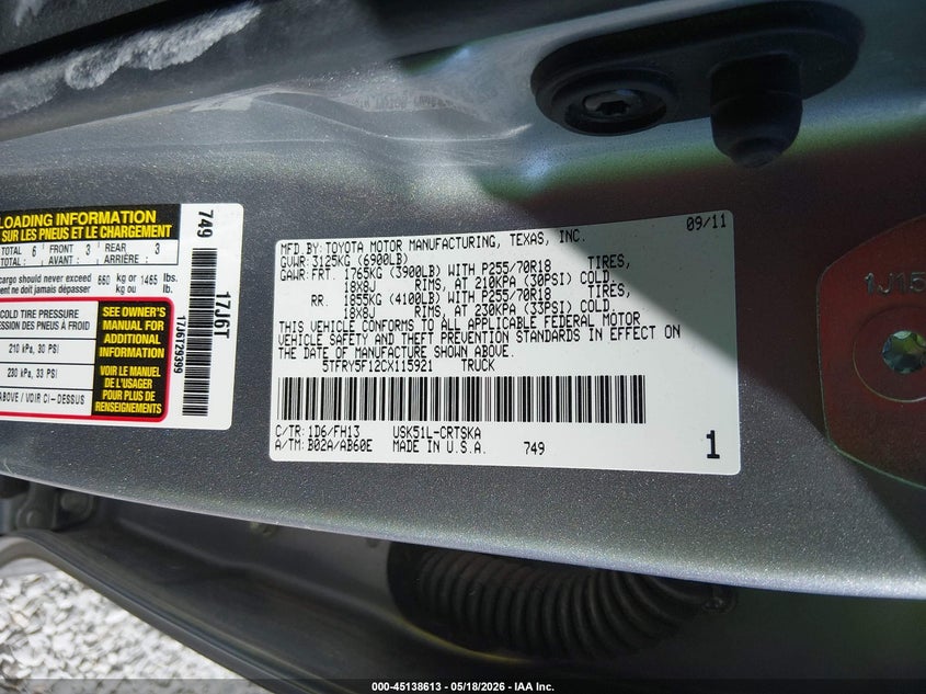 2012 Toyota Tundra VIN 5TFRY5F12CX115921 IAAI salvage auction — RIGHT SIDE, Salvage (Alabama), sold $3,100 on 2026-07-29 (photo 9)
