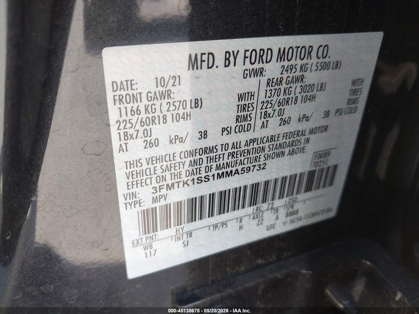 2021 Ford Mustang mach-e VIN 3FMTK1SS1MMA59732 IAAI salvage auction — FRONT END, Salvage (California), sold $8,700 on 2026-07-30 (photo 9)