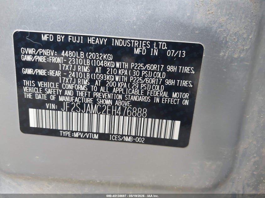 2014 Subaru Forester VIN JF2SJAMC2EH476888 IAAI salvage auction — ROLLOVER, Salvage (Vermont), sold $225 on 2026-07-09 (photo 9)