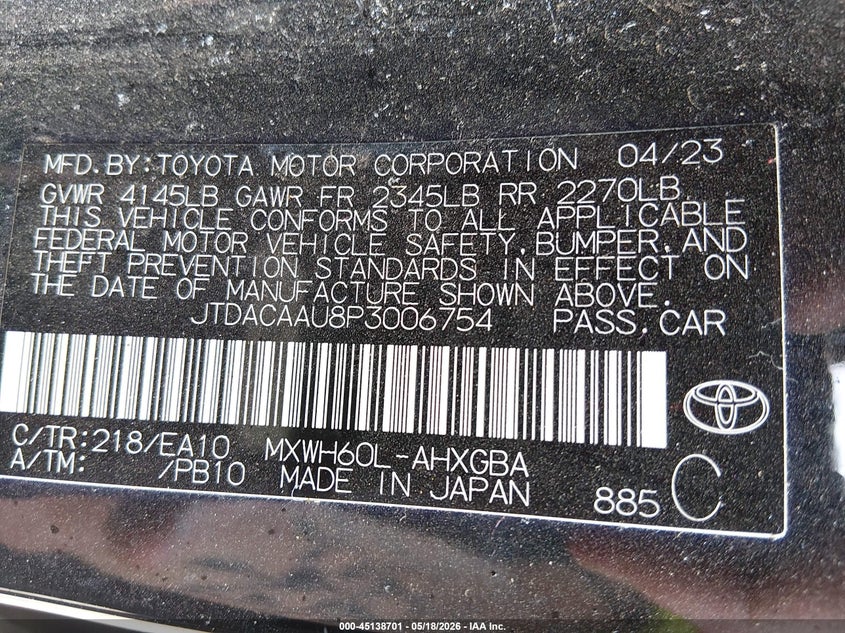 2023 Toyota Prius VIN JTDACAAU8P3006754 IAAI salvage auction — FRONT END, Salvage (Kansas), sold $7,000 on 2026-07-08 (photo 9)