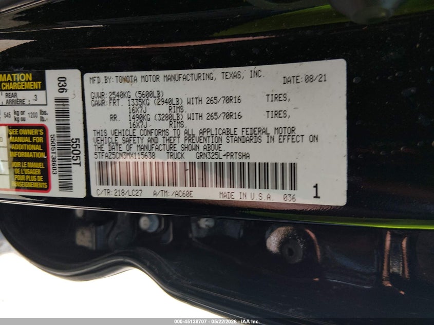 2021 Toyota Tacoma VIN 5TFAZ5CN3MX115638 IAAI salvage auction — ROLLOVER, Wait Title, sold $8,900 on 2026-09-12 (photo 9)