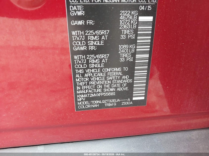 2015 Nissan Rogue VIN KNMAT2MVXFP558161 IAAI salvage auction — RIGHT FRONT, Salvage (Minnesota), sold $1,300 on 2026-07-29 (photo 9)