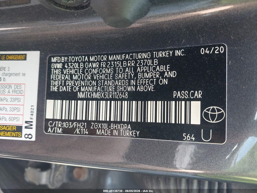2020 Toyota C-hr VIN NMTKHMBX3LR112648 IAAI salvage auction — FRONT END, Salvage Title, sold $2,325 on 2026-07-17 (photo 9)