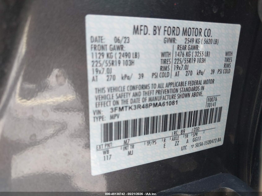2023 Ford Mustang mach-e VIN 3FMTK3R48PMA61081 IAAI salvage auction — LEFT FRONT, Rebuildable (Florida), sold $10,000 on 2026-08-21 (photo 9)
