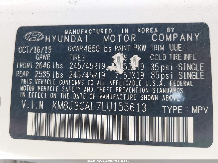2020 Hyundai Tucson VIN KM8J3CAL7LU155613 IAAI salvage auction — FRONT & REAR, Mv-907A (New York), sold $3,750 on 2026-07-14 (photo 9)