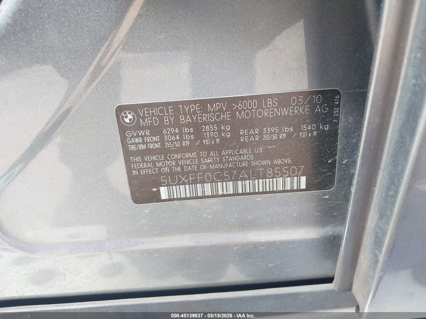 2010 BMW X5 VIN 5UXFF0C57ALT85507 IAAI salvage auction — NORMAL WEAR, Clear - Dealer Only (California), sold $500 on 2026-07-20 (photo 9)