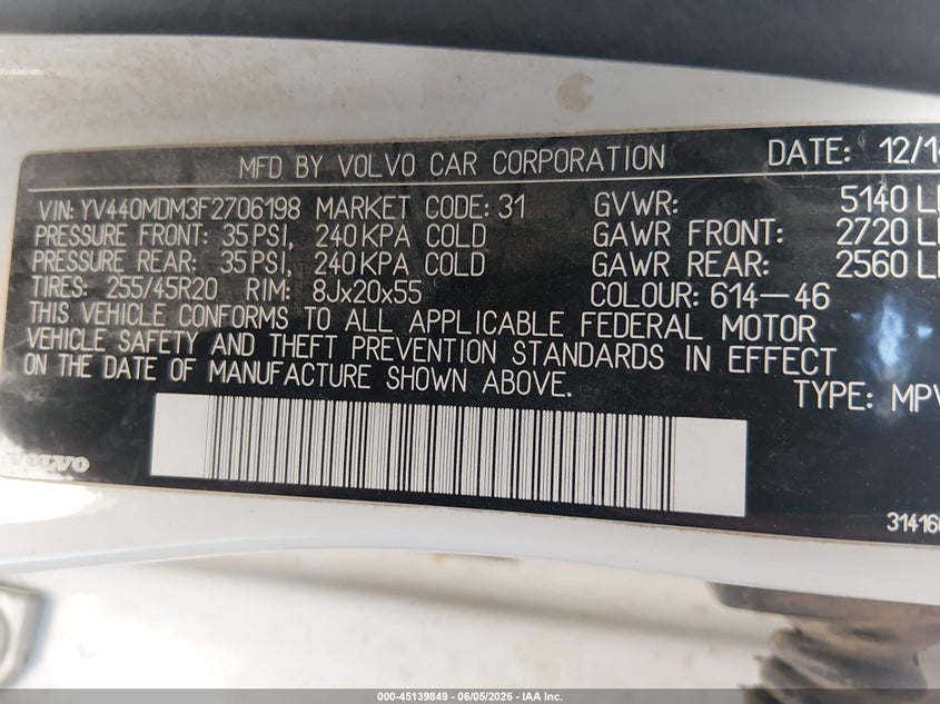 2015 Volvo Xc60 VIN YV440MDM3F2706198 IAAI salvage auction — FRONT END, Salvage (Colorado), sold $575 on 2026-07-21 (photo 9)