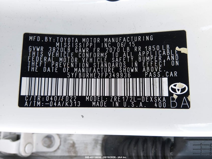 2015 Toyota Corolla VIN 5YFBURHE2FP349936 IAAI salvage auction — FRONT END, Bill Of Sale (Washington), sold $3,850 on 2026-07-08 (photo 9)