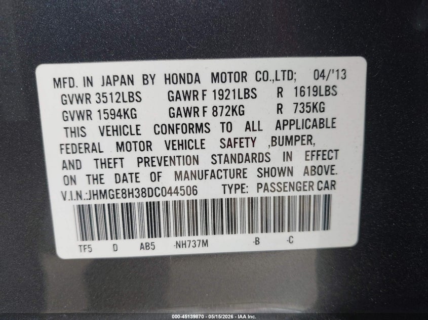 2013 Honda Fit VIN JHMGE8H38DC044506 IAAI salvage auction — FRONT END, Salvage (California), sold $25 on 2026-07-12 (photo 9)