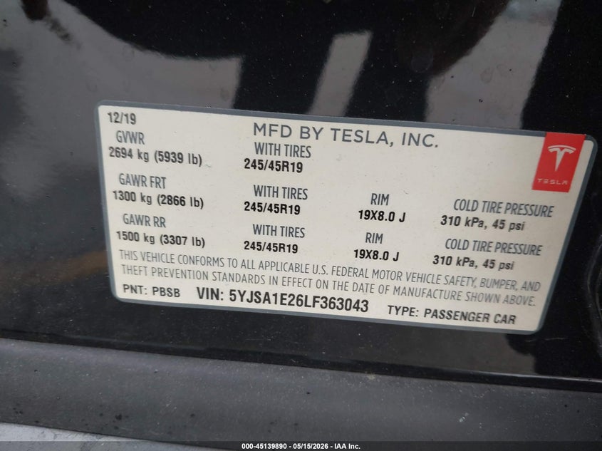 2020 Tesla Model s VIN 5YJSA1E26LF363043 IAAI salvage auction — RIGHT FRONT, Salvage (California), sold $9,400 on 2026-07-22 (photo 9)