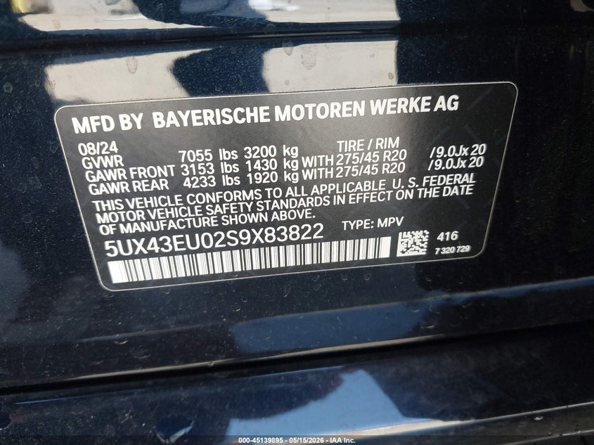 2025 BMW X5 VIN 5UX43EU02S9X83822 IAAI salvage auction — FRONT END, Salvage (California), sold $59,150 on 2026-07-06 (photo 9)